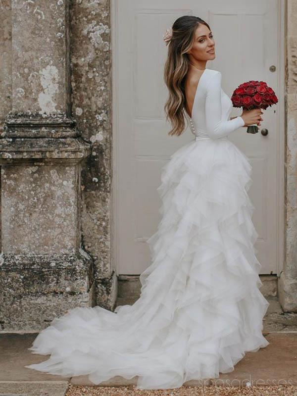 Robes de mariée en organza à volants à manches longues en ligne, robes de mariée en dentelle pas cher, WD482