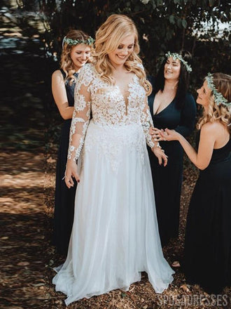 Long Sleeves Chiffon Beach Plus Size Wedding Dresses Online, Cheap Bridal Dresses, WD649