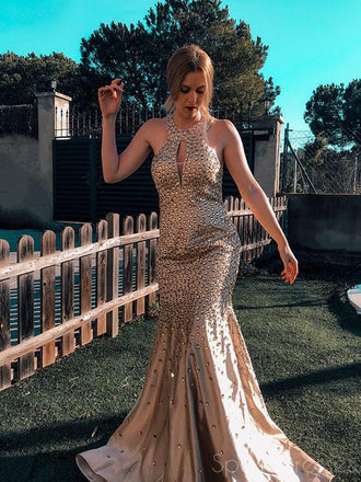 Mermaid Halter Rhinestone Sleeveless Prom Dresses, Sweet 16 Prom Dresses, 12410