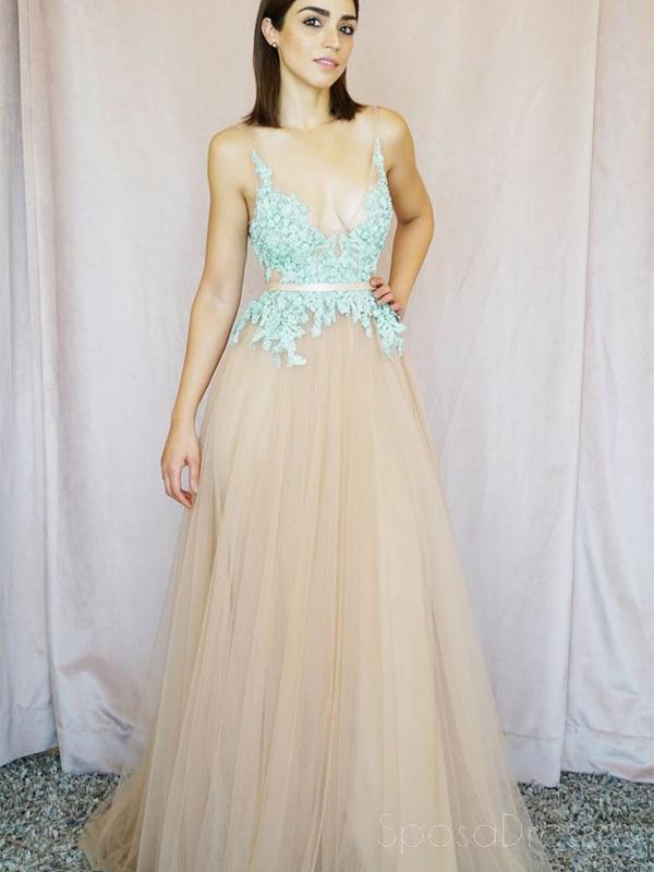 V-λαιμό Mint Lace Tulle A-line Long Evening Prom Φορέματα, Φτηνές Κόμμα Custom Prom Φορέματα, 18622
