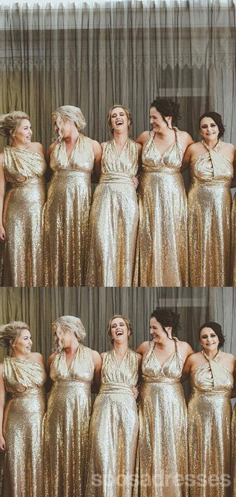 Vestidos de dama de honor largos baratos con lentejuelas doradas en línea, WG573