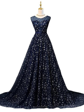 Scoop Navy Star Sequin Vestidos de fiesta largos de noche baratos, vestidos de encargo baratos Sweet 16, 18536
