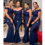 Vestidos de dama de honor largos de sirena azul marino mal combinados en línea, vestidos de damas de honor baratos, WG752
