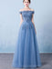 De l'épaule longues robes de bal d'étudiants du soir bleues poussiéreuses, robes de bal d'étudiants du parti personnalisées bon marché, 18591
