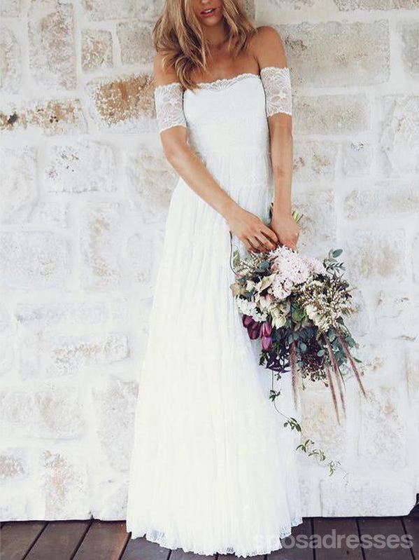 Off Shoulder Casual Φθηνά Γαμήλια Φορέματα Δαντέλα Ελεφαντοστού Online, WD361