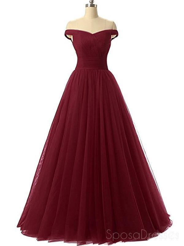Simple Off Shoulder Maroon Tulle A-line Long Evening Prom Dresses, 17670