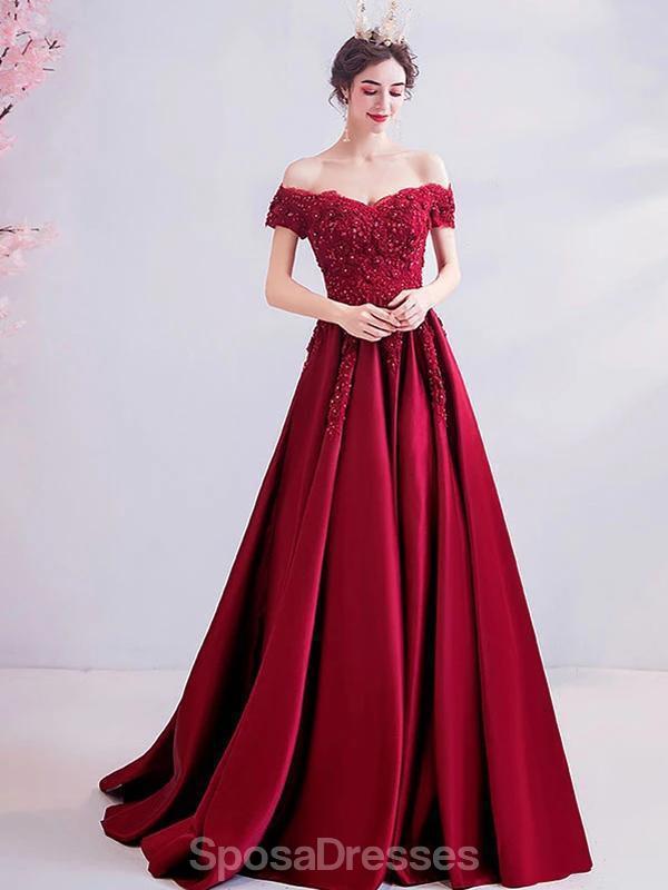 Σκούρο κόκκινο off Shoulder Lace Beaded Evening Prom Φορέματα, Βραδινά Κόμμα Prom Φορέματα, 12206