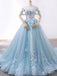 Από τον ώμο Tiffany μπλε δαντέλα χάντρες α-γραμμή μακρύ βράδυ prom φορέματα, φτηνά γλυκά 16 φορέματα, 18432