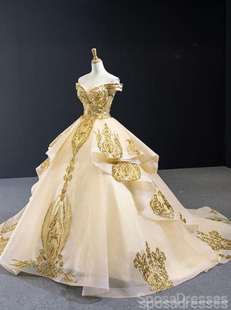 Off Shoulder Gold Applique Ball Gown Wedding Dresses, Gold Wedding Gown, WD709