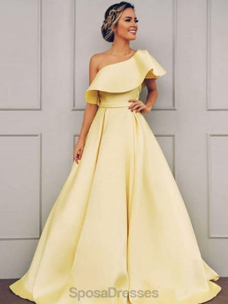 One Shoulder Simple Yellow Cheap Long Evening Prom Dresses, Evening Party Prom Dresses, 12155