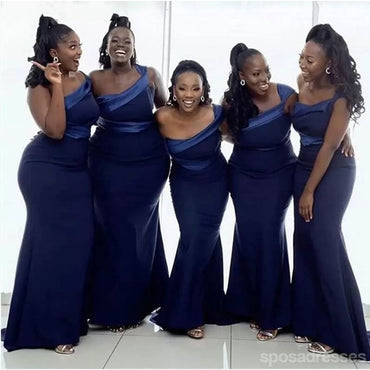 Navy Blue Mermaid One Shoulder Cheap Long Bridesmaid Dresses Online,WG1189