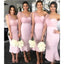 Vestidos de dama de honor baratos cortos de un hombro rosa sirena en línea, WG654