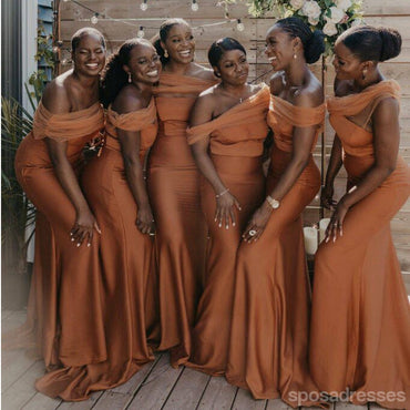 Orange Mermaid Off Shoulder Cheap Long Bridesmaid Dresses,WG1392