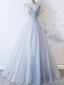 Off Shoulder Pale Blue Tulle A-line Long Evening Prom Vestidos, Baratos Party Custom Prom Vestidos, 18626
