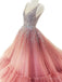 V Neck Sparkly Tulle A-line Ροδάκινο μακρά βραδινά φορέματα Prom, φθηνά Custom Sweet 16 φορέματα, 18506