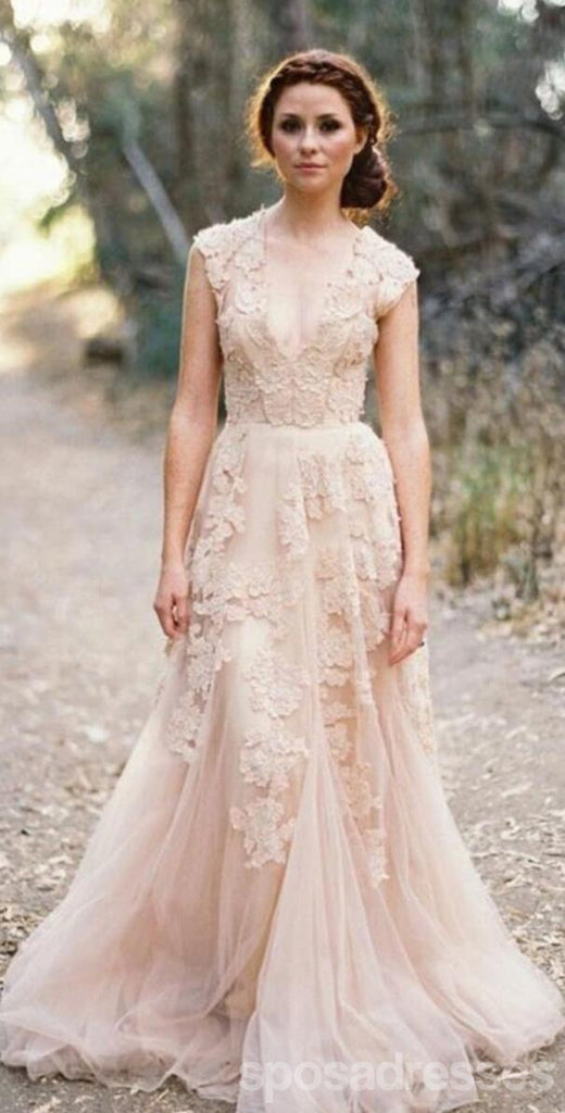 Charming Pink Lace Sexy V-neck Long Sheath Tulle Wedding Party Dresses, WD0139