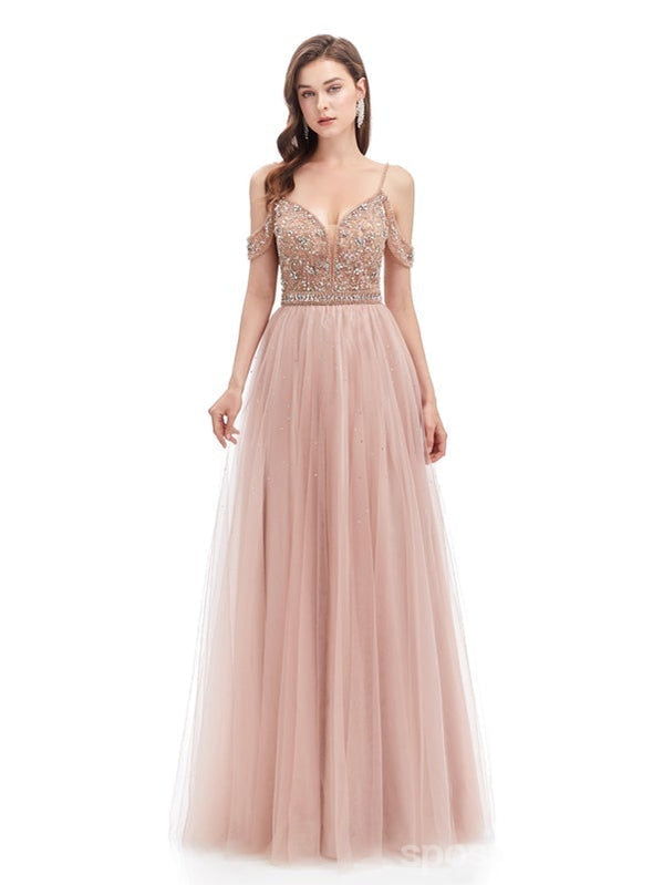 Pink A-line Off Shoulder Spaghetti Straps Backless Prom Dresses Online,12801