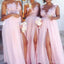 Vestidos de dama de honor largos personalizados con manga de casquillo con abertura lateral rosa, WG233