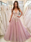 Barato V Neck A-line Lace Pink Long Evening Prom Dresses, Cheap Custom Sweet 16 Vestidos, 18445