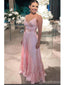 Pink A-line Spaghetti Straps V-neck Maxi Long Prom Dresses,Evening Dresses,13224