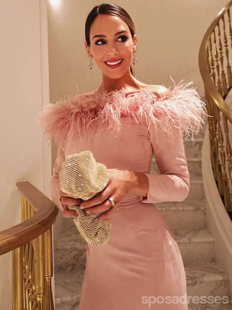 Pink Mermaid Off Shoulder Long Sleeves High Slit Cheap Long Prom Dresses,12916