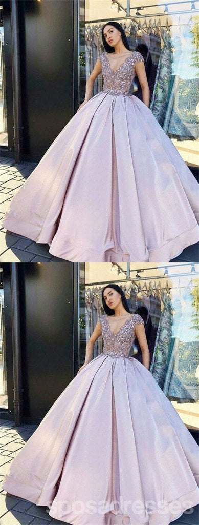 Pink A-line Cap Sleeves V-neck Cheap Long Prom Dresses Online,Dance Dresses,12640