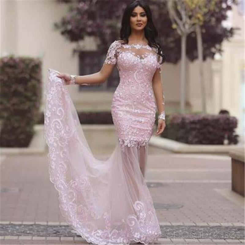 Long Sleeve Pink Lace Mermaid Evening Prom Dresses, Sexy See Through Party Prom Dress, Custom Long Prom Dresses, Cheap Formal Prom Dresses, 17042