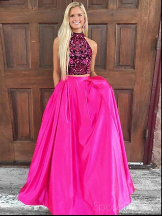 Sexy Two Pieces Open Back Halter Beaded A-line Long Evening Prom Dresses, 17687
