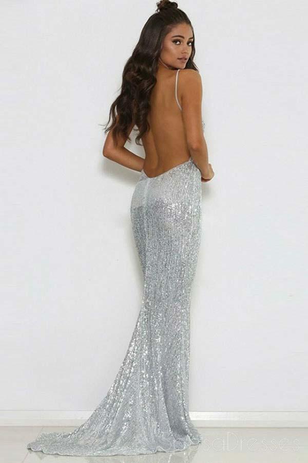Sexy Backless Silver Sparkly Mermaid Long Evening Prom Dress, 17659