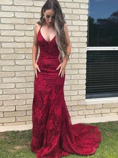 Burgundy Lace Mermaid Long Evening Prom Dresses, Cheap Sweet 16 Dresses, 18313