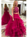 Two Pieces Heavily Beaded Ruffle Hot Pink A line Long Evening Prom Dresses, 17654