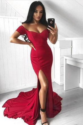 Simple Off Shoulder Side Slit Sereia Cheap Long Evening Prom Vestidos, Cheap Sweet 16 Vestidos, 18328