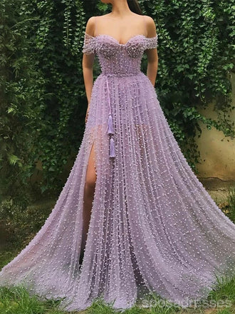 Purple A-line Spaghetti Straps Off Shoulder High Slit Long Prom Dresses Online,12790