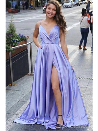 Purple A-line Spaghetti Straps High Slit V-neck Cheap Long Prom Dresses,12889