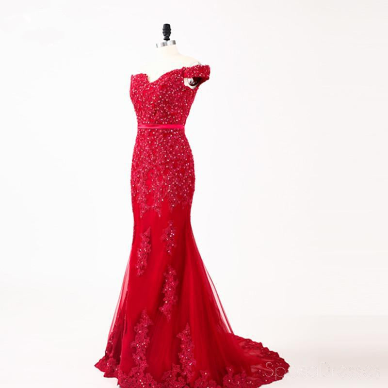 Κόκκινο Σέξι Γοργόνα Ώμο Δαντέλα διακοσμημένα με Χάντρες Φορέματα Prom Βραδιού, Δημοφιλές Κόμμα με Χάντρες Φόρεμα Prom, Συνήθεια Μακριά Φορέματα Prom, Φτηνές Επίσημα Φορέματα Prom, 17154
