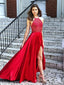Bright Red Halter Side Slit Beaded Evening Prom Dresses, Cheap Custom Sweet 16 Dresses, 18480