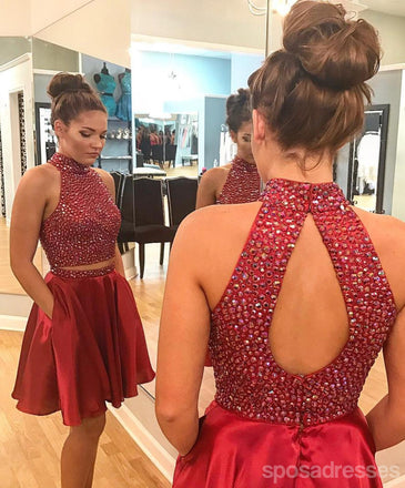 Sexy dos piezas corto Rhinestone lindo rojo Homecoming vestidos 2018, CM484