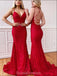 Κόκκινη δαντέλα γοργόνα backless βράδυ prom φορέματα, βραδινό κόμμα prom φορέματα, 12196