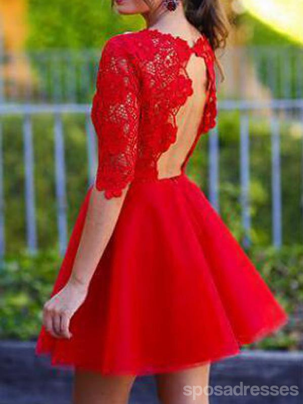 Red Sexy Long sleeve open back lace homecoming prom dresses, Sweet 16 Dresses, CM0002