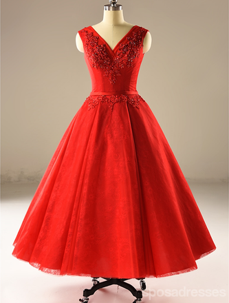 Rouge Une ligne Tulle Robes de Mariée, 2017 dos de Corset Longueur de Thé de Mariage sur mesure des Robes, des prix Abordables Robes de Mariée, 18002