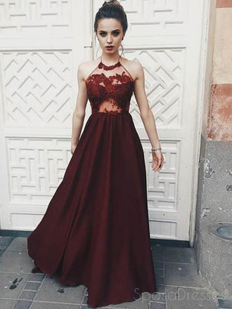 Sexy See Through Maroon Halter Lace Long Custom Evening Prom Dresses, 17409