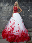 Σέξι Δύο Κομμάτια Κόκκινη Δαντέλα Λευκή Φούστα Μια γραμμή Μακρύ Έθιμο Φορέματα Prom Βραδιού, 17411