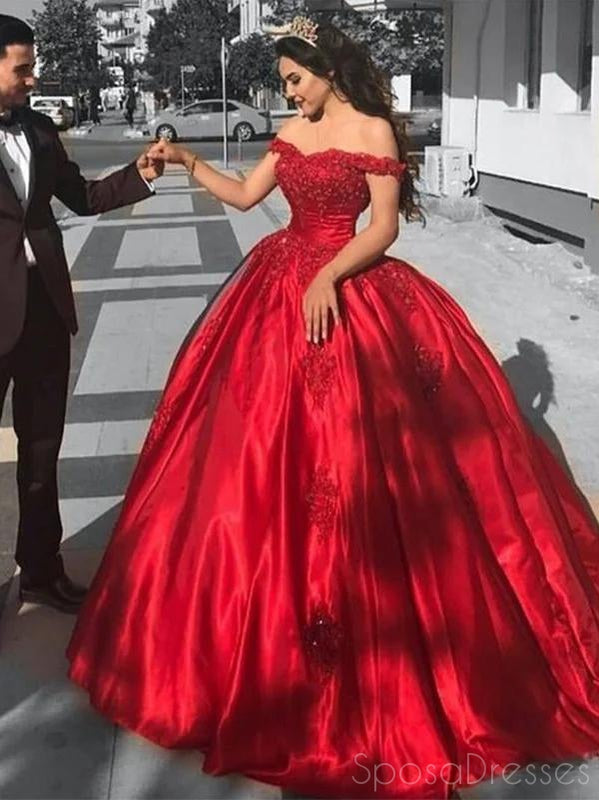 Off Shoulder Red Ball Gown Long Prom Dresses, Sweet 16 Prom Dresses, 12381
