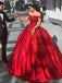 Off Shoulder Red Ball Gown Long Prom Dresses, Sweet 16 Prom Dresses, 12381