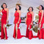 Red Mermaid One Shoulder High Slit Cheap Long Bridesmaid Dresses,WG1618