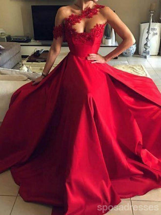 Red A-line One Shoulder Sleeveless Cheap Long Prom Dresses Online,12724