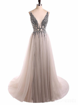 Grey V Neck See Through Beaded Long Evening Prom Dresses, Cheap Sweet 16 Dresses, 18351