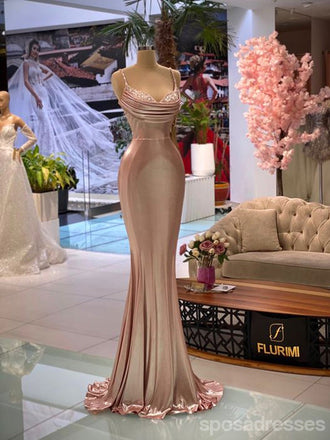 Sexy Rose Gold Mermaid Spaghetti Straps Maxi Long Prom Dresses Online,13243