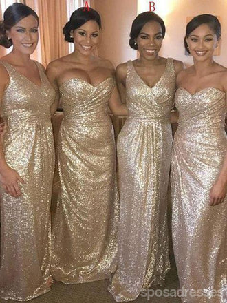 Est monté Sparkly D'or la paillette mal assortie les longues robes de demoiselle d'honneur, les longues robes de demoiselle d'honneur personnalisées uniques bon marché, les robes de demoiselle d'honneur abordables, BD104