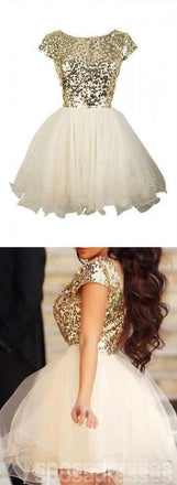 Χρυσό πούλιες κοντό μανίκι Tulle homecoming prom φορέματα, φόρεμα κοκτέιλ, CM0012
